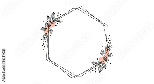 Elegant hexagonal geometric frame decorated with hand-drawn botanical leaves and pink circles perfect for wedding invitations.