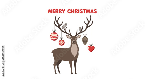 Merry Christmas greeting card design featuring a noble brown deer with festive ornaments and a pine cone hanging from its antlers.