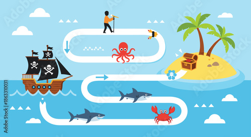 Pirate-themed board game for kids showing a path from a pirate ship to a treasure island with obstacles like sharks and an octopus.