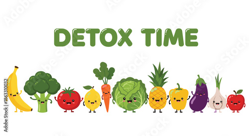 Detox time banner with a lineup of cute and happy cartoon fruit and vegetable characters including a banana broccoli and tomato.