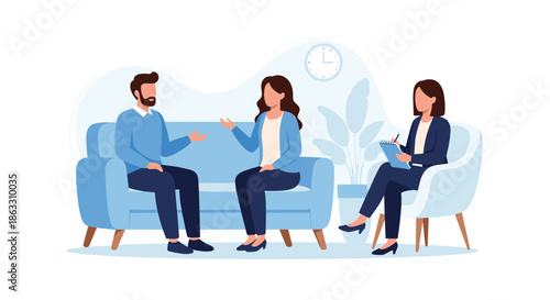 Couple attending a therapy session with a female psychologist or counselor while sitting on a comfortable blue sofa in an office.