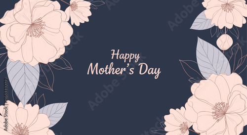 Elegant Happy Mother's Day greeting card with a border of delicate pink and blue line art flowers on a dark navy blue background.