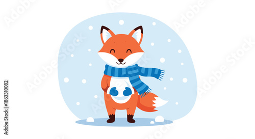 Cute cartoon fox wearing a cozy blue striped scarf and mittens stands happily in the snow during a cold winter day.