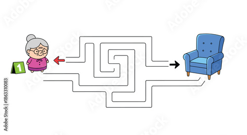 Simple maze game for children featuring a cute grandmother character who needs to find the correct path to a comfortable blue armchair.