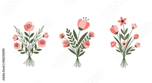 Set of three charming and simple flower bouquets with pink blossoms and green leaves tied with string on a white background.
