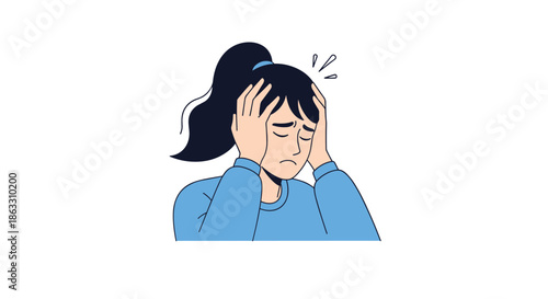 Young woman with a ponytail is shown in distress with her hands on her head experiencing a headache stress anxiety or a migraine.