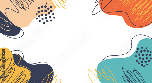 Modern abstract background with colorful organic shapes scribbles and dots in the corners providing a frame with central copy space.