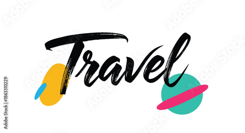 Travel lettering in a dynamic black brush script font decorated with colorful abstract shapes for a modern and adventurous design.