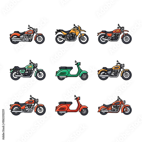 Motorbikes set. Moto transport, motorcycle delivery, motor cycle for motocross, bicycle activity, engine. Modern vehicles, scooters, bikes and choppers. Vector cartoon flat isolated illustration