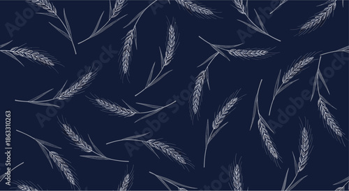 Elegant seamless pattern of hand-drawn white wheat stalks and ears scattered across a sophisticated dark navy blue background.