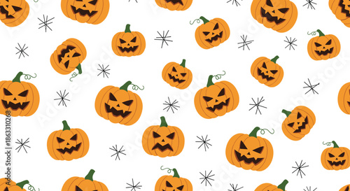 Seamless Halloween pattern with spooky carved jack-o'-lantern pumpkins and simple black spiderwebs on a clean white background.