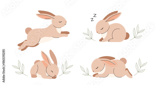 Set of four cute cartoon bunnies in various poses including sleeping jumping and resting among delicate green leafy branches.