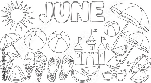 Summer vacation illustration featuring beach elements and activities under the sun