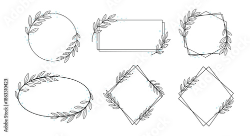 Set of six minimalist geometric frames in various shapes decorated with delicate hand-drawn leafy branches for elegant branding.