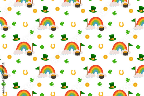 Seamless St Patrick’s Day vector pattern with rainbow, pot of gold coins, horseshoe, leprechaun hat, four leaf clovers and green bunting flags on isolated background.