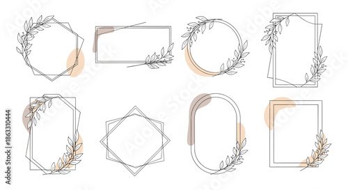 Collection of eight elegant geometric frames decorated with hand-drawn botanical leaves and abstract pastel shapes for invitations.