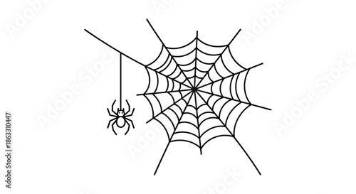 Simple black and white line art of a spider hanging from a single thread next to its intricately woven circular web.