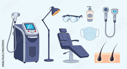 Set of professional equipment for laser hair removal procedures in a cosmetology clinic including the machine chair and safety glasses.