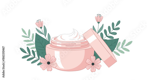Open jar of cosmetic face cream surrounded by delicate pink flowers and green leaves representing natural and organic skincare.