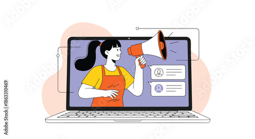 Digital marketing concept with a woman inside a laptop screen holding a megaphone to announce promotions and communicate with clients.