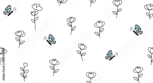 Simple seamless pattern with hand-drawn black outline flowers and cute blue butterflies on a clean white background for textile design.