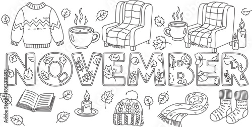 Cozy November scene with armchairs, coffee, and warm clothing in a relaxed setting