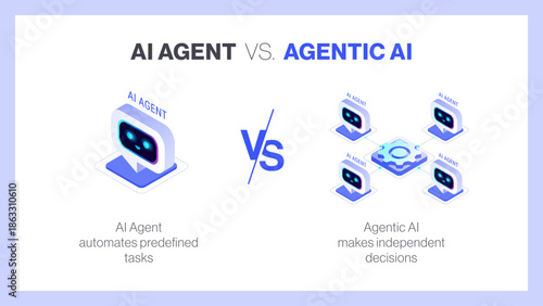 AI Agents vs Agentic AI comparison diagram - isometric technology infographics vector