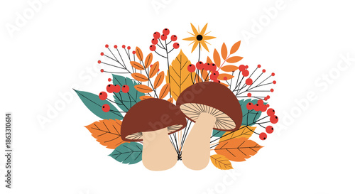 Autumnal composition with two porcini mushrooms surrounded by colorful fall leaves and red rowan berries on a white background.