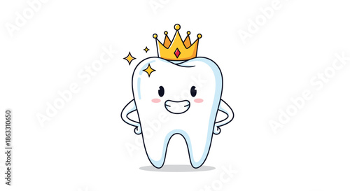 Adorable cartoon tooth character wearing a shiny golden crown and smiling representing strong and healthy teeth or dental care.