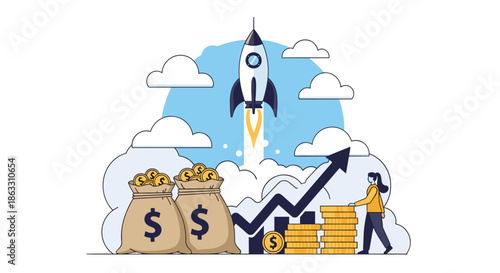 Business startup and investment growth concept with a launching rocket money bags and a character stacking coins by a chart.
