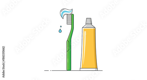 Minimalist illustration of a toothbrush with striped toothpaste and a tube of paste for promoting dental health and hygiene.