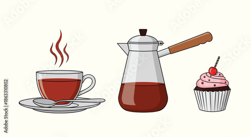 Cozy coffee break illustration set with a hot cup of tea a coffee pot and a delicious cupcake with a cherry on top.
