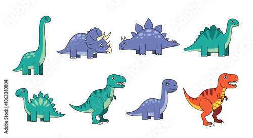 Large collection of cute and colorful cartoon dinosaur characters including t-rex and stegosaurus for children's illustrations.