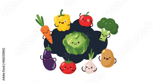 A fun collection of cute kawaii vegetable characters with smiling faces for promoting healthy eating habits in children's designs.