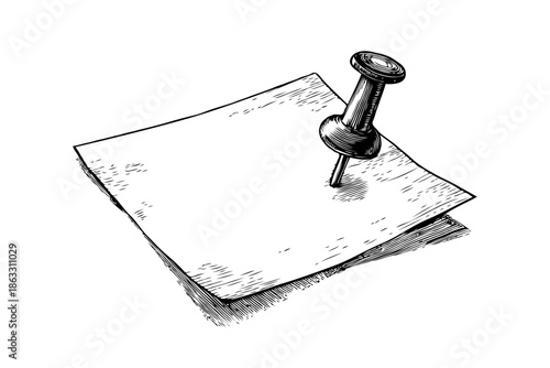 Sketch drawing of a push pin piercing stacked paper sheets, in hand-drawn style, on a white background, representing reminders or notes
