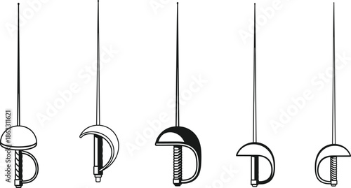 Hanging fishing hooks isolated on white background with vintage metal frame