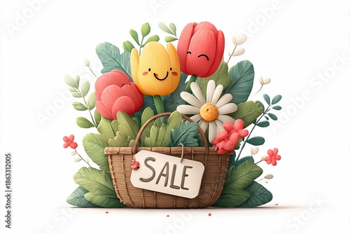 Colorful flowers in a basket with a sale sign in a bright and cheerful setting during spring season