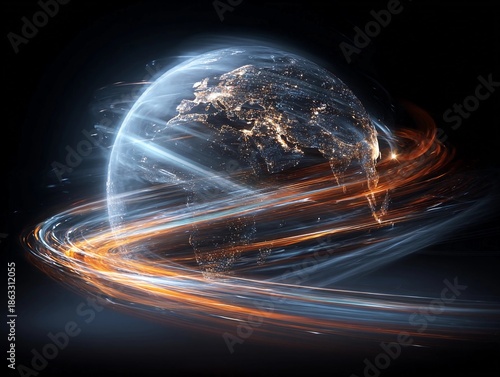Glowing earth surrounded by dynamic light streaks in a dark cosmic space showing movement and energy