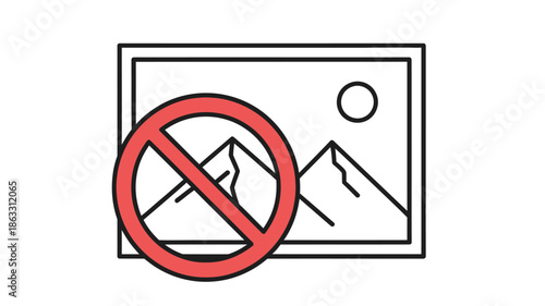 Image with a prohibition symbol over a landscape depicting mountains and a sun