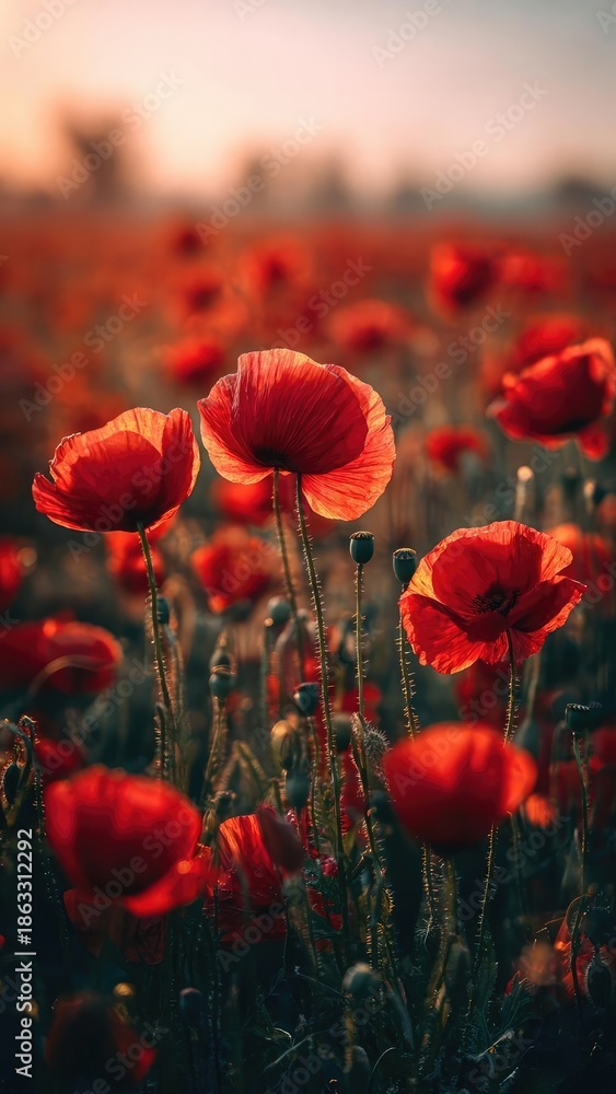 Fototapeta premium A field of red poppies glowing in warm sunset light. Concept Red Poppy Field at Sunset, Golden Hour Floral Glow, Sunset Light on Poppies, Vibrant Floral Landscape, Romantic Rural Sunset Scene