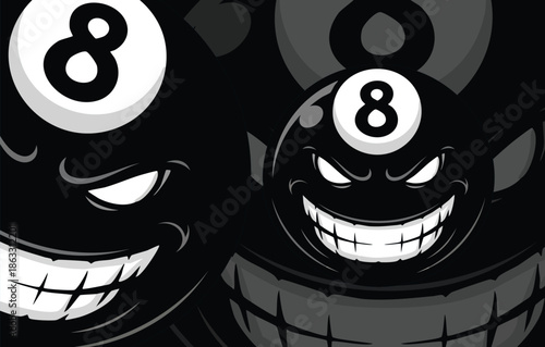 Dark 8-Ball Mascot Logo Vector Art showing a Scary Grin and Ominous Look, Ideal for Billiards and Pool Clubs.