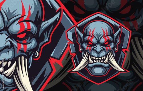 Menacing Oni Demon or Troll Mascot Logo Vector Design with Large Tusks and Intense Red Eyes for E-sports Team.