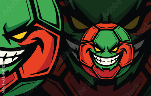 Dynamic Green and Orange Futsal Ball Mascot Design featuring a Highly Aggressive Face for Sports Competition Logos.
