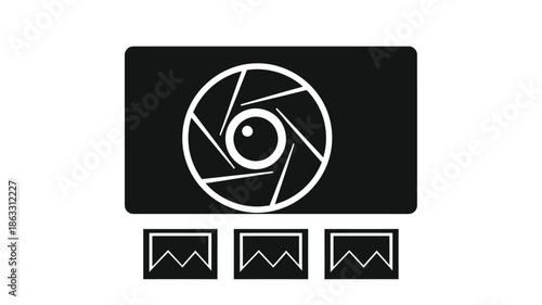 Black and white camera aperture graphic with three waveform symbols below it
