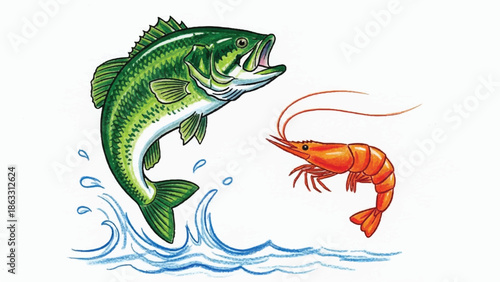 Largemouth Bass Jumping from Water Chasing Red Shrimp Illustration for Sport Fishing and Seafood Graphic