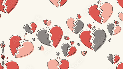 Seamless Background Pattern Featuring Broken Heart Icons Representing Heartbreak and Sadness in Minimalist Flat Art Style