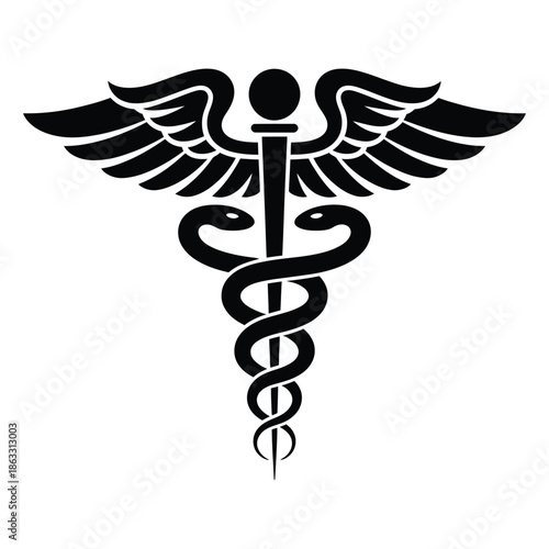The caduceus symbol featuring wings a staff and entwined snakes depicted