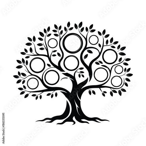 A black and white illustration of a tree with circular photo frames