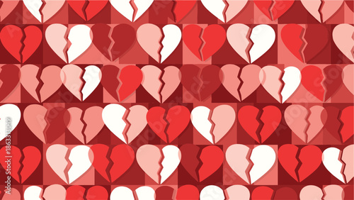 Seamless Background Pattern Featuring Rows of Broken Heart Icons in Vibrant Red and Pink Tones for Emotional Design