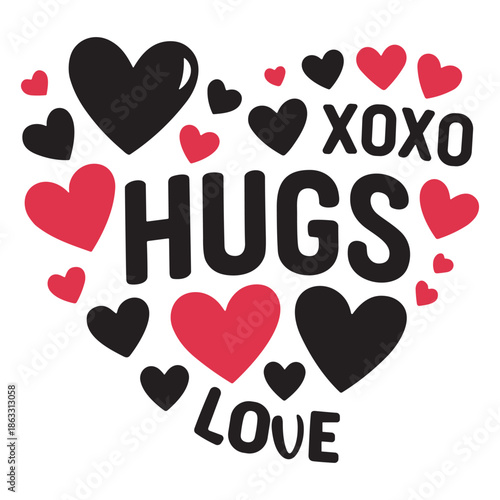 "XOXO Hugs Love" - Heart-shaped Word Cloud with Black and Red Hearts.